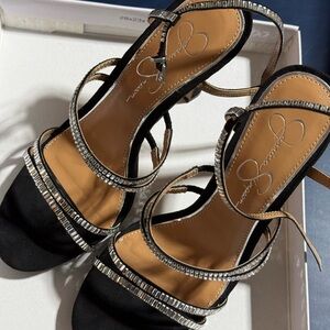 Jessica Simpson Black Crystal-Strap Heels